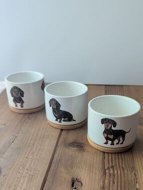 Set of 3 White Ceramic Planters with Dachshund Dog Prints